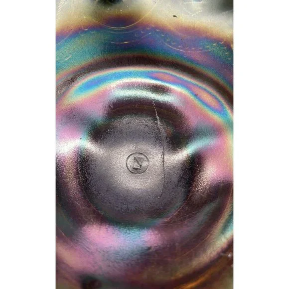 Vintage Northwood Beaded Cable Marigold & Green Carnival Glass Footed Bowl 7.5 " - Picture 4 of 4